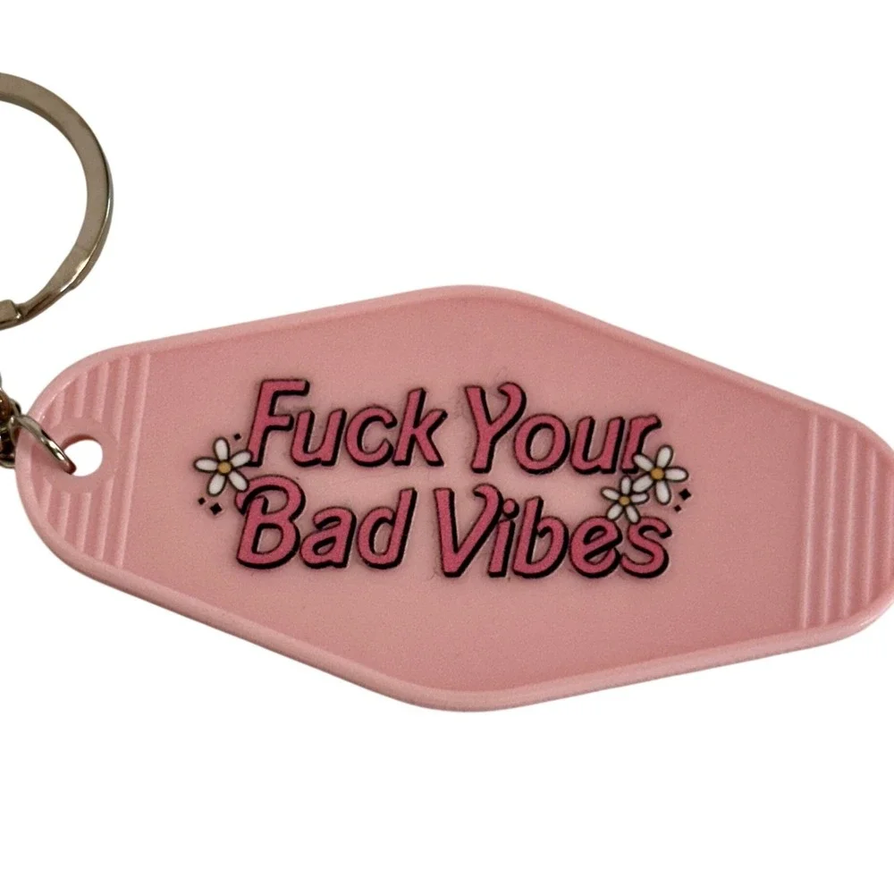 Handcrafted Pink Motel Keychain F-k Your Bad Vibes Retro Daisy Key Tag Accessory